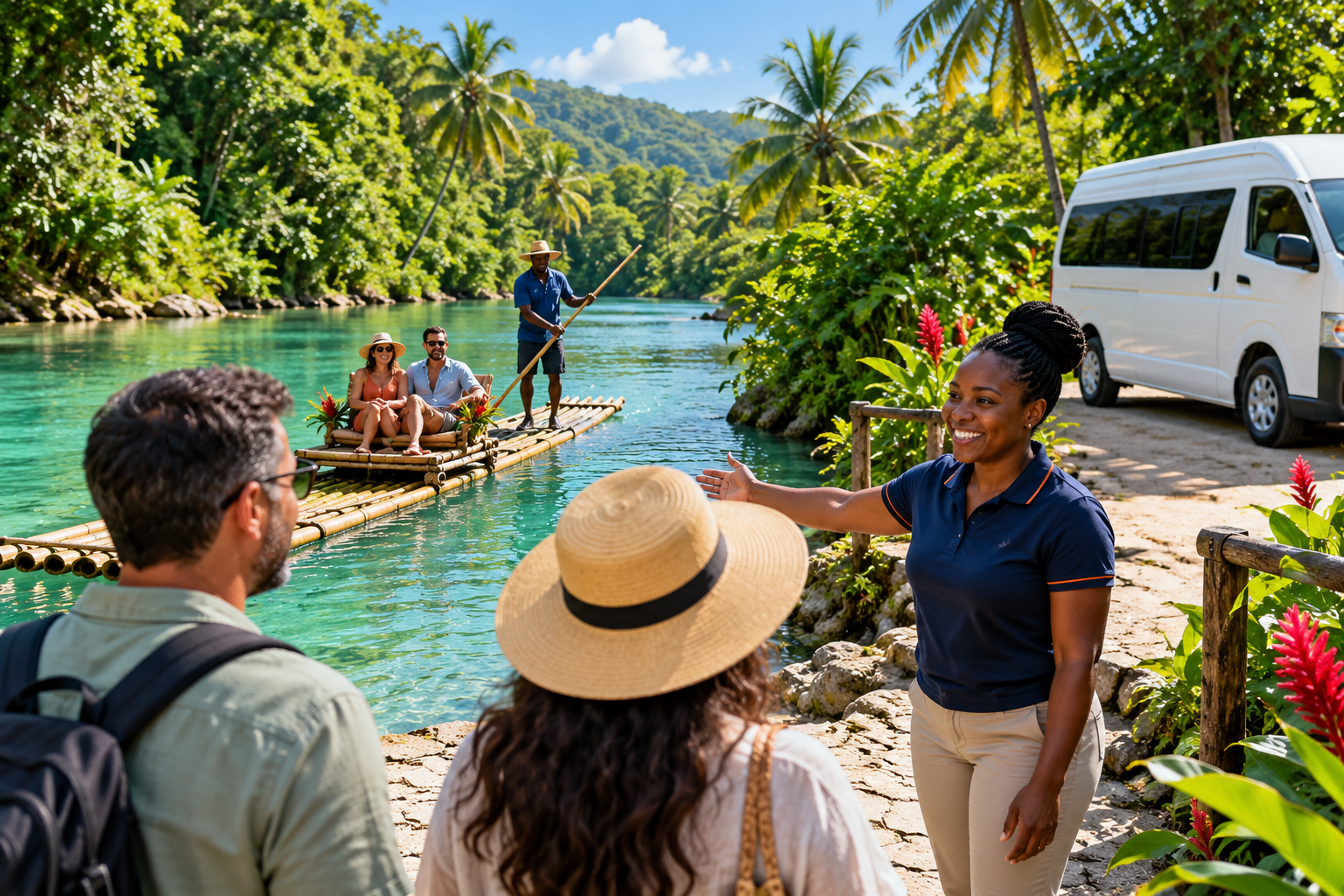 Tourism transport driver welcoming a guest beside a passenger van