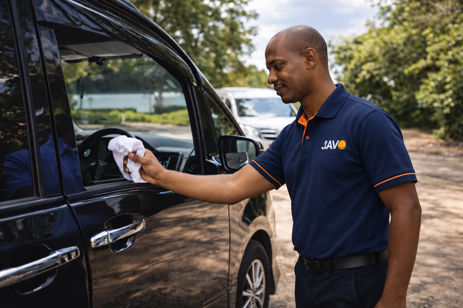 JAVO operator caring for a vehicle in the approved navy and orange uniform
